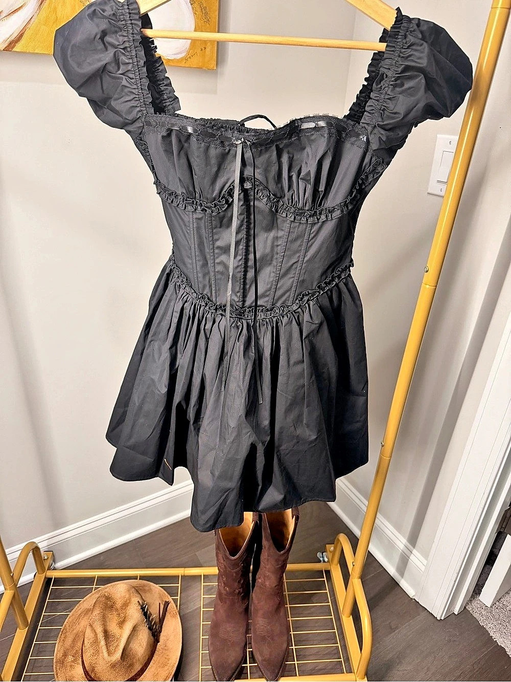 Fashion Nova Black Puff Sleeve Corset Mini Dress Size Medium NWT